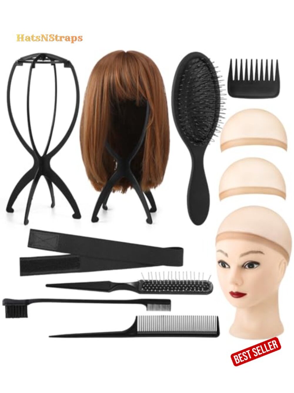 Wig Stand & Brush Set – Travel Portable Display Mannequin Head, 10pc